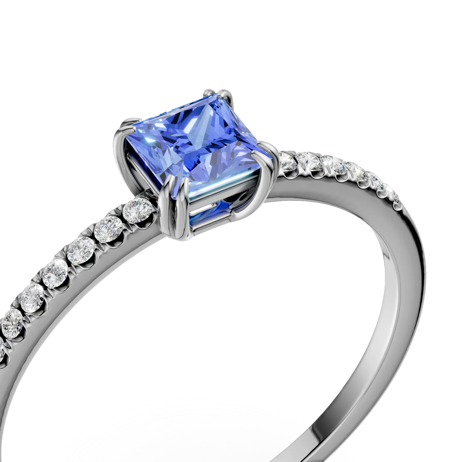 Inel de logodna din aur alb cu tanzanit princess de 0.38ct si diamante de 0.05ct