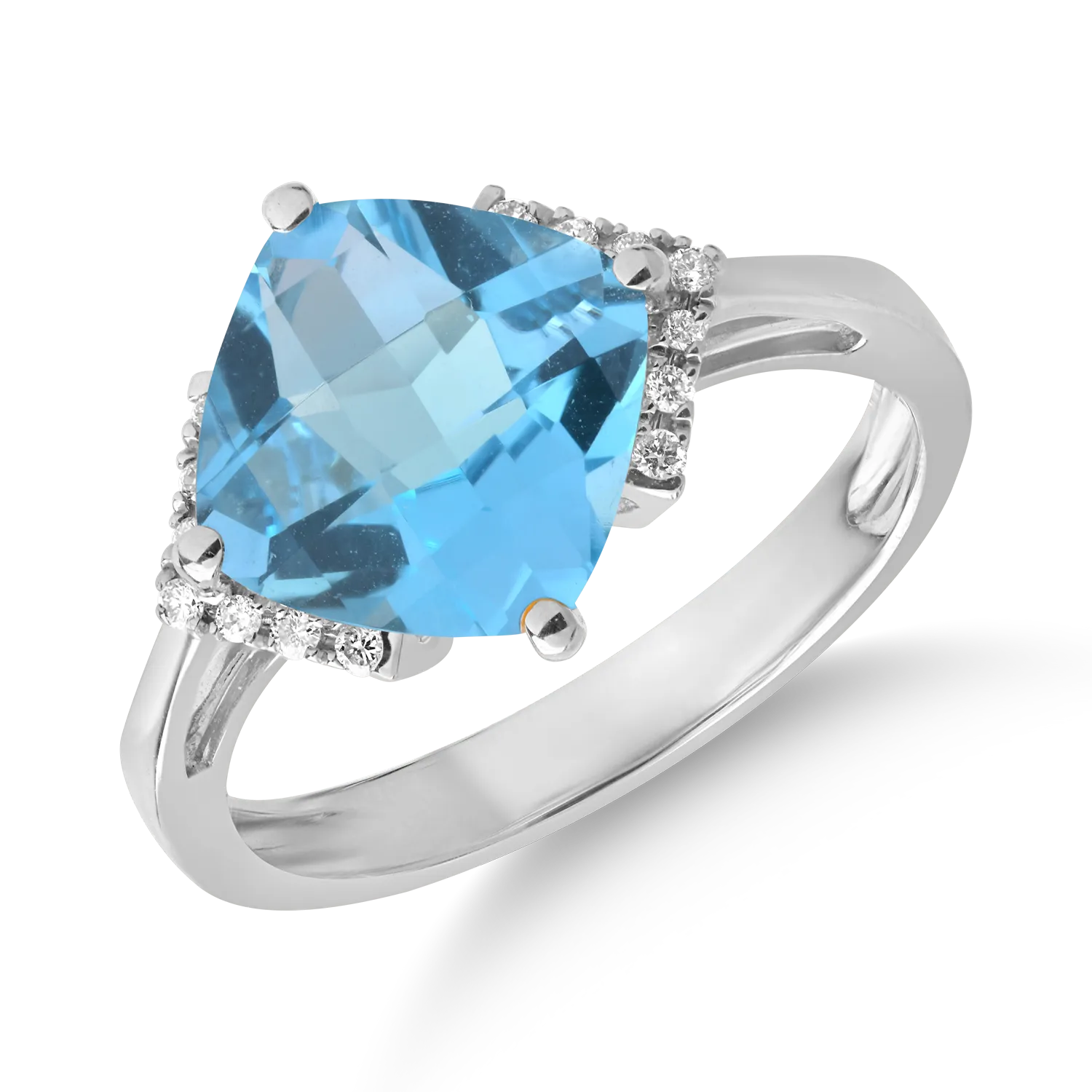 Inel din aur alb cu topaz albastru cushion de 3.6ct si diamante de 0.08ct