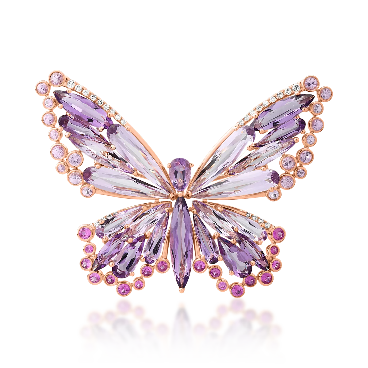Brosa fluture din aur roz de 18K cu pietre pretioase si semipretioase de 18.45ct