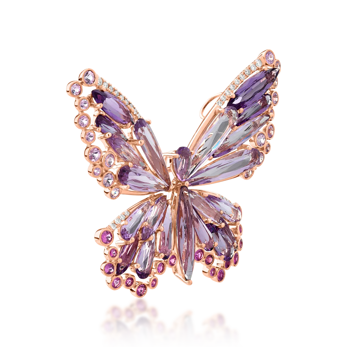 Brosa fluture din aur roz de 18K cu pietre pretioase si semipretioase de 18.45ct