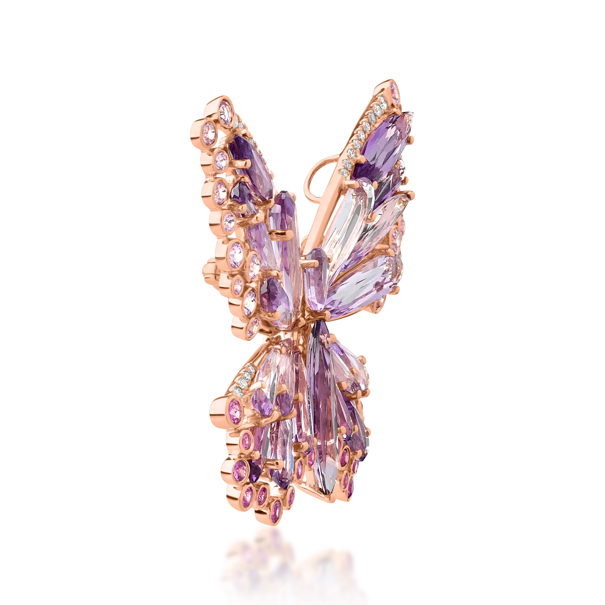 Brosa fluture din aur roz de 18K cu pietre pretioase si semipretioase de 18.45ct