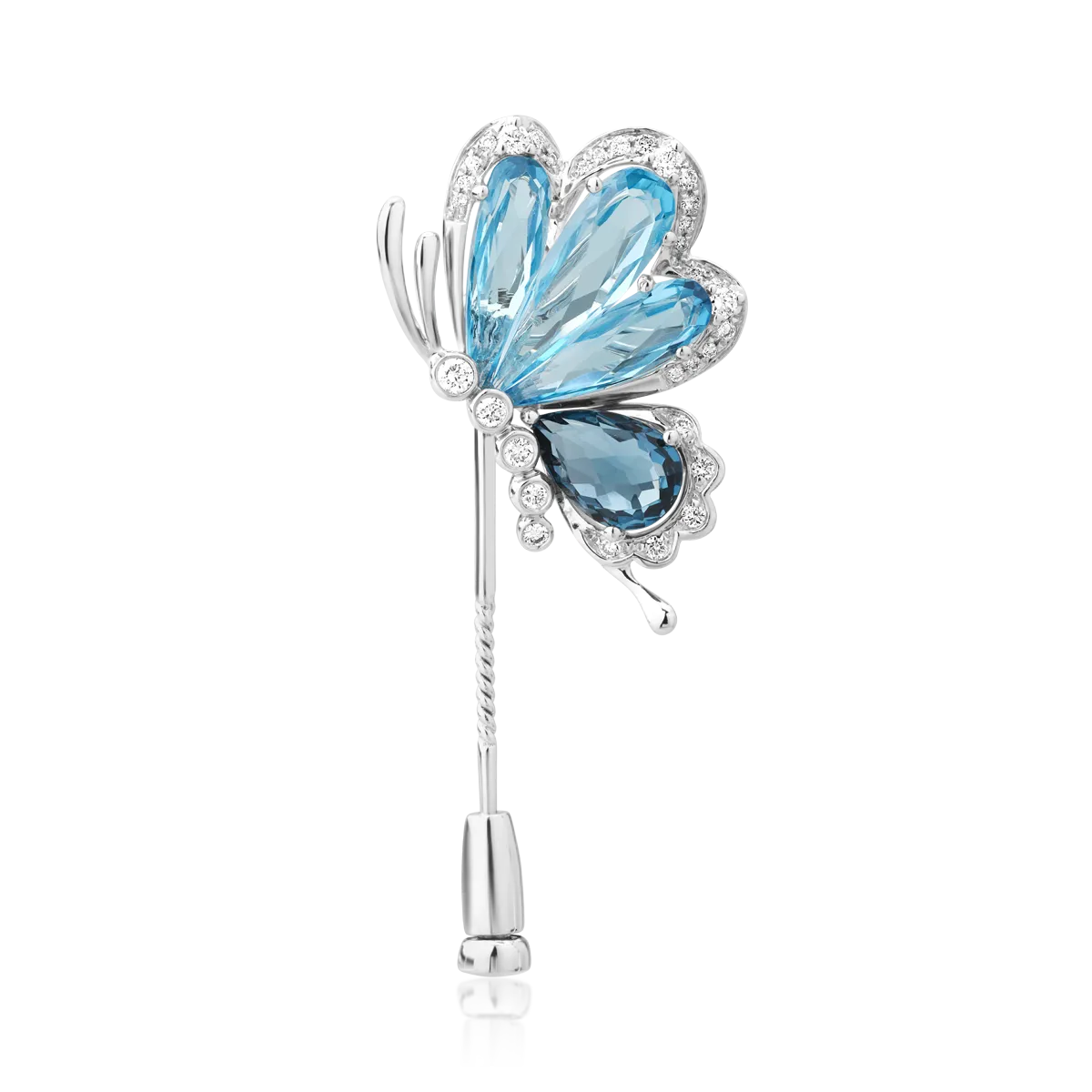 18K white gold brooch with london blue topaz of 1.9ct and blue topaz of 4.9ct