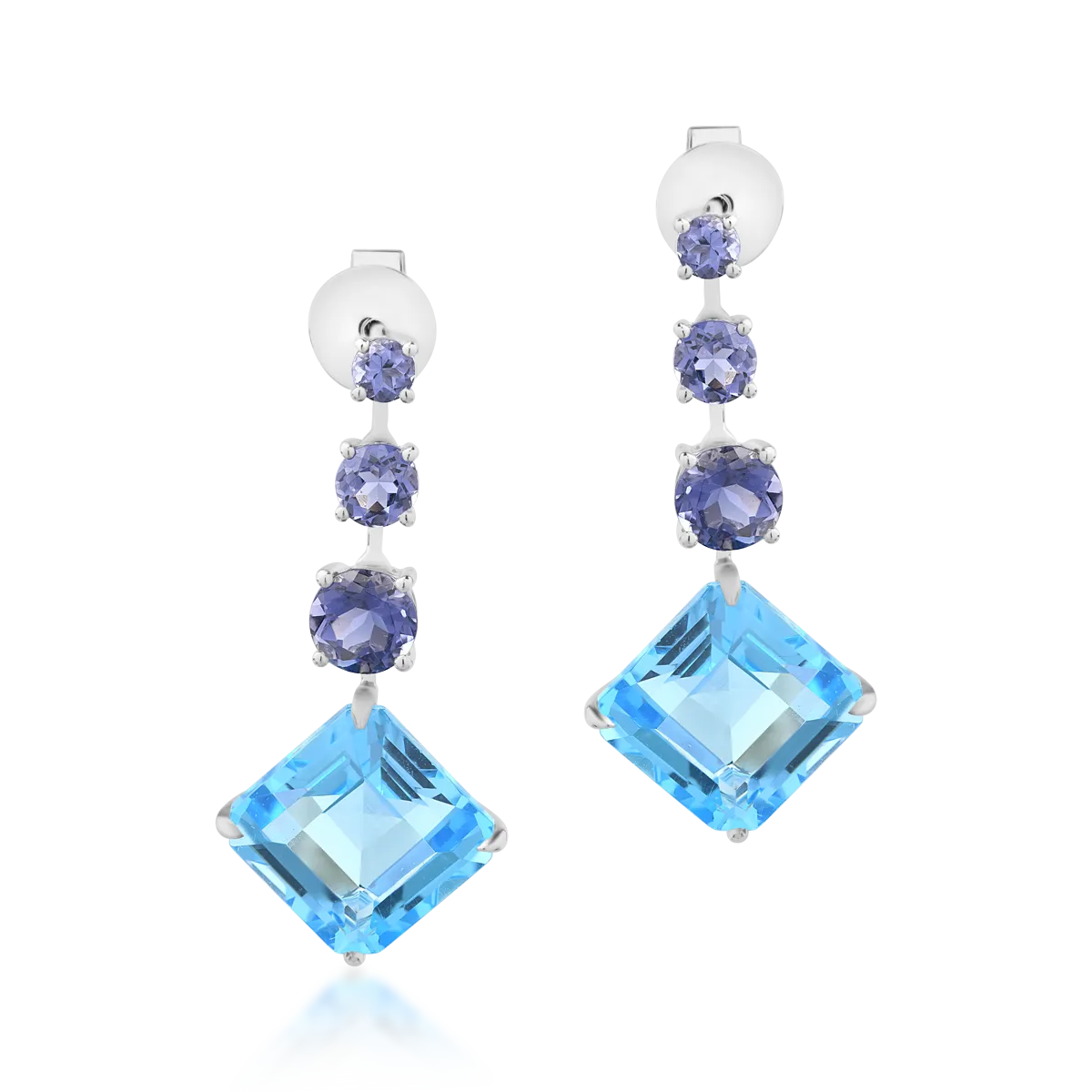 Cercei din aur alb cu topaze albastre octogonale de 11.4ct si iolite de 1.7ct