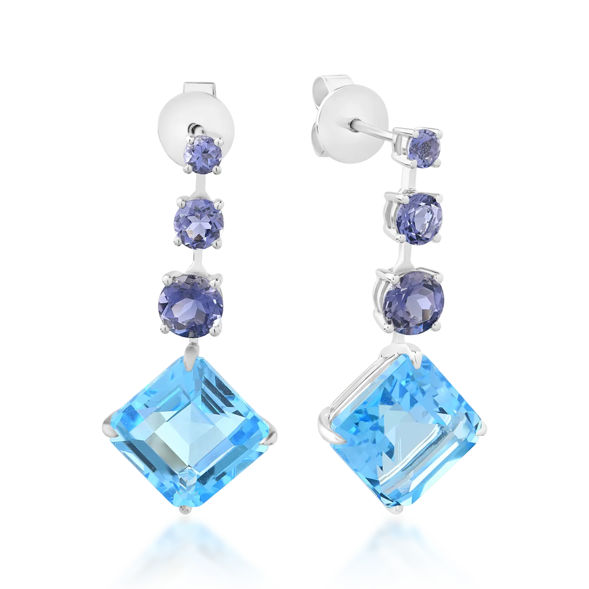 18K fehérarany fülbevaló 11.4ct kék topázzal és 1.7ct iolittal