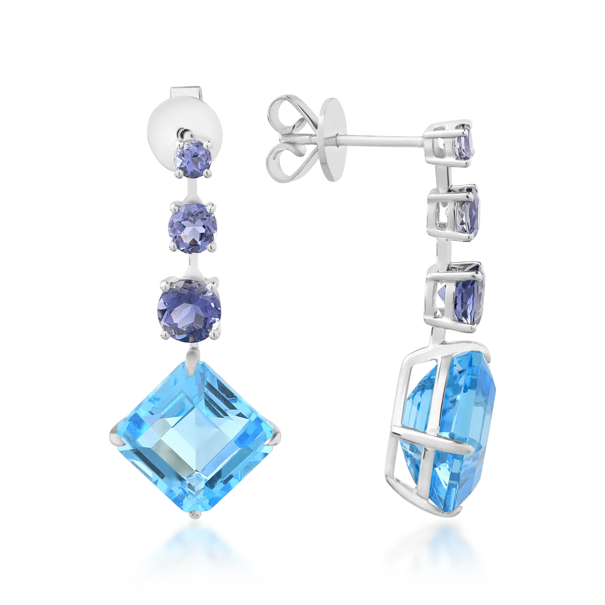 18K fehérarany fülbevaló 11.4ct kék topázzal és 1.7ct iolittal