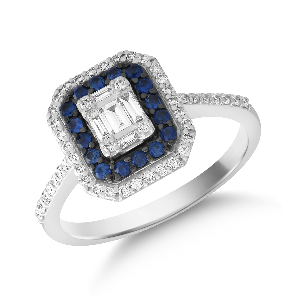 Inel din aur alb cu diamante baguette si rotunde de 0.1ct si safire de 0.2ct