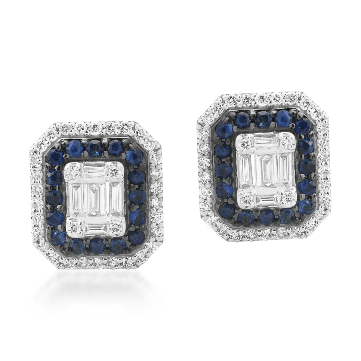 Cercei din aur alb cu diamante baguette si rotunde de 1ct si safire de 0.4ct