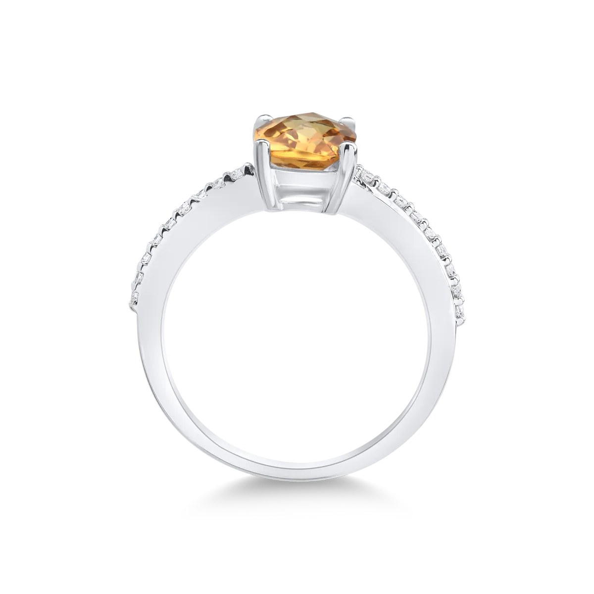 Inel din aur alb de 14K cu citrin de 1.188ct si diamante de 0.095ct