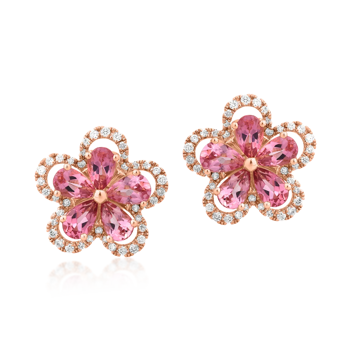 Cercei floare din aur roz de 18K cu turmaline roz de 1.9ct si diamante de 0.29ct
