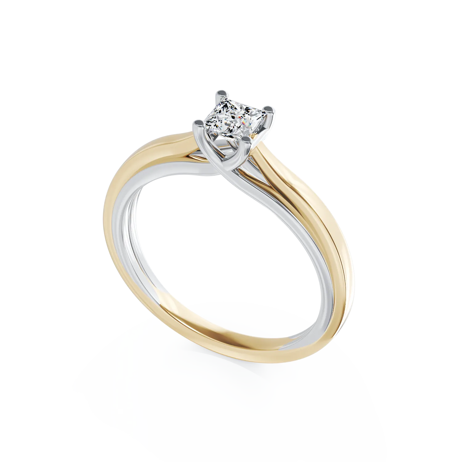 Inel de logodna din aur alb-galben de 18K cu un diamant solitaire de 0.26ct