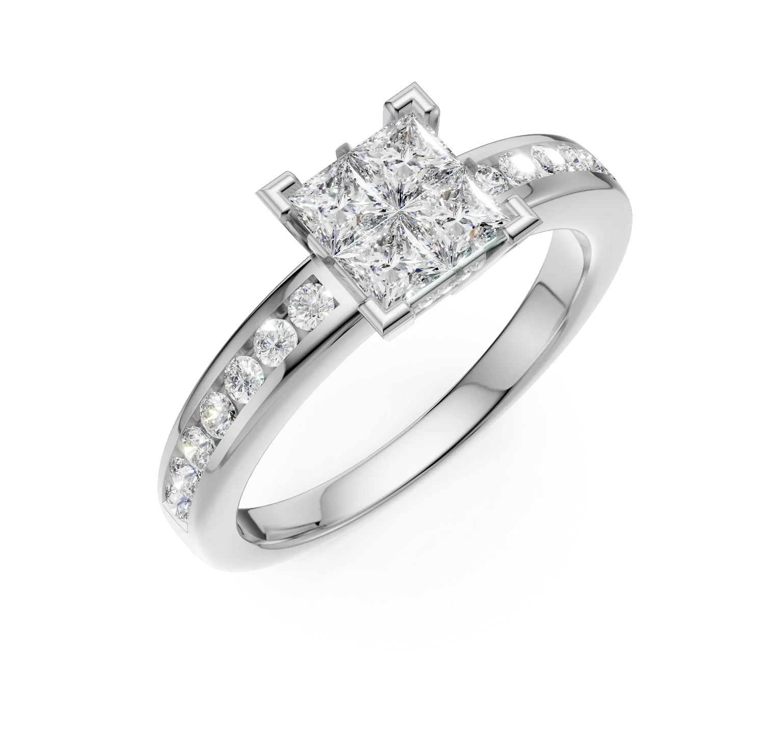 Inel de logodna din aur alb cu diamante princess si rotunde de 0.7ct