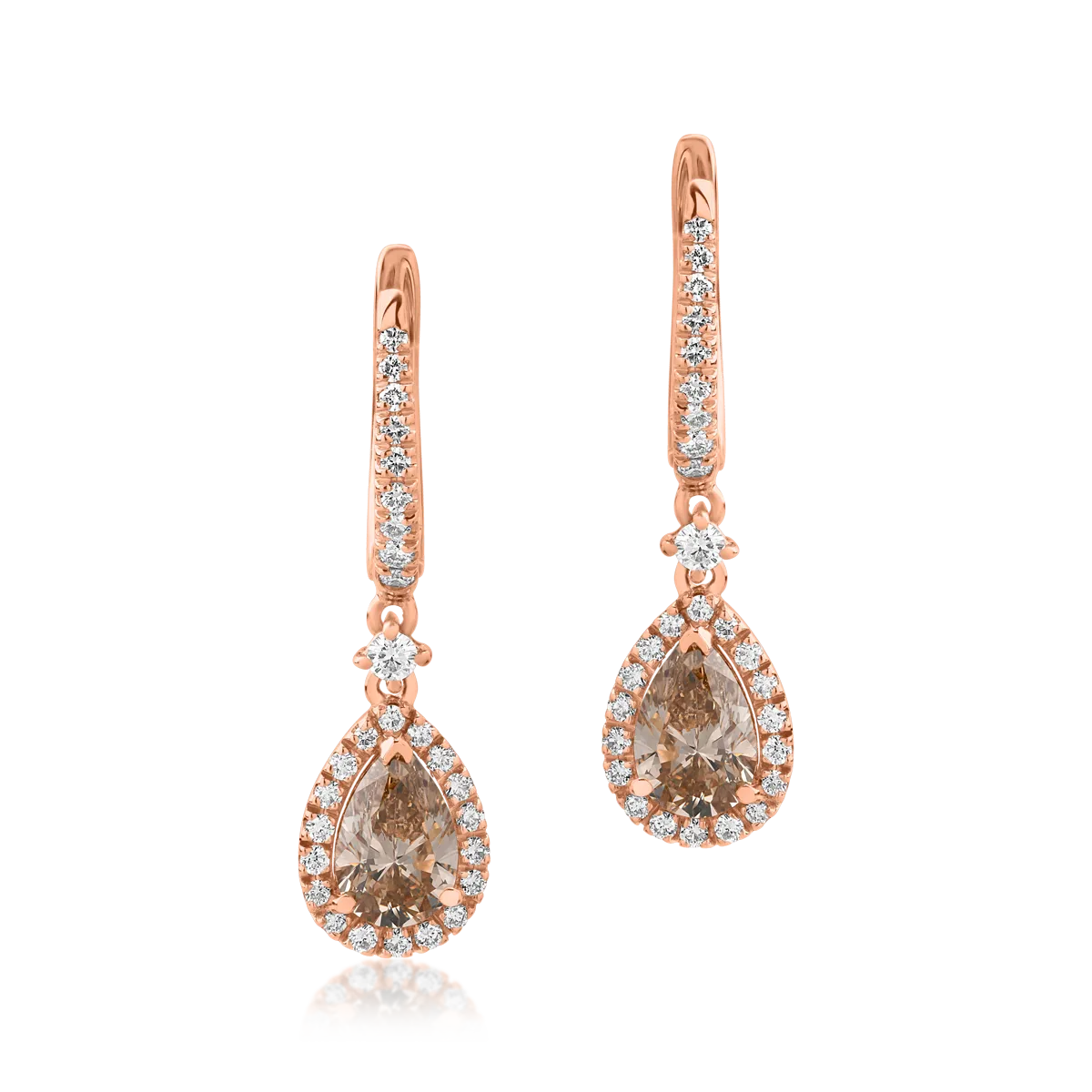 Teilor Cercei din aur roz cu diamante maro pear de 1.15ct si diamante round de 0.42ct