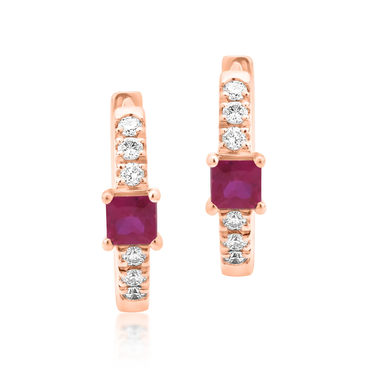Cercei din aur roz cu rubine princess de 0.15ct si diamante de 0.06ct