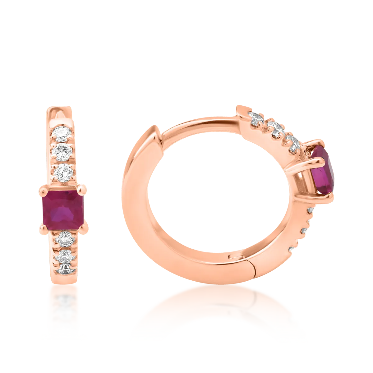 Cercei din aur roz cu rubine princess de 0.15ct si diamante de 0.06ct