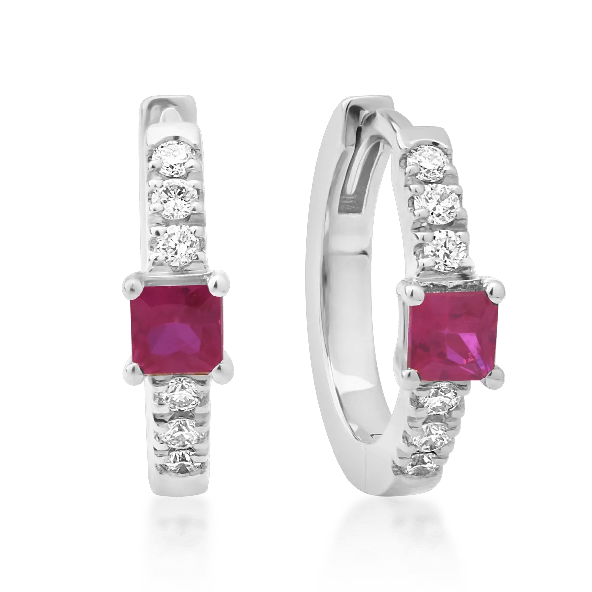 Cercei din aur alb cu rubine princess de 0.14ct si diamante de 0.06ct