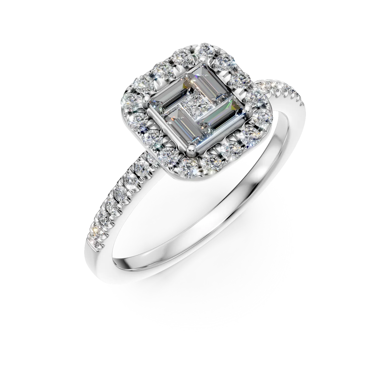 Inel de logodna din aur alb cu diamante baguette, princess si rotunde de 0.28ct