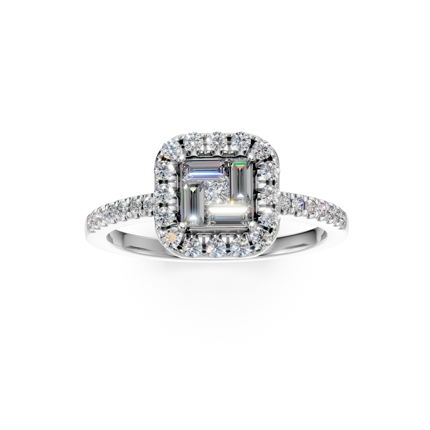 Inel de logodna din aur alb cu diamante baguette, princess si rotunde de 0.28ct - imagine 3