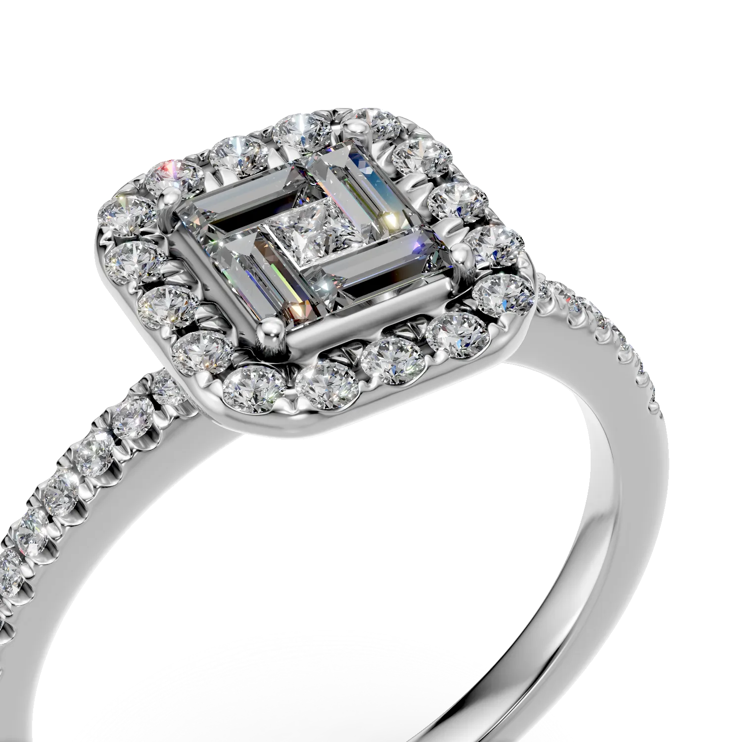 Inel de logodna din aur alb cu diamante baguette, princess si rotunde de 0.28ct - imagine 4