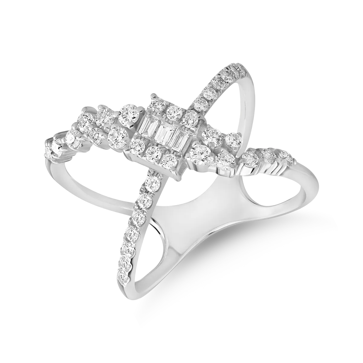 Inel din aur alb cu diamante baguette si rotunde de 0.7ct
