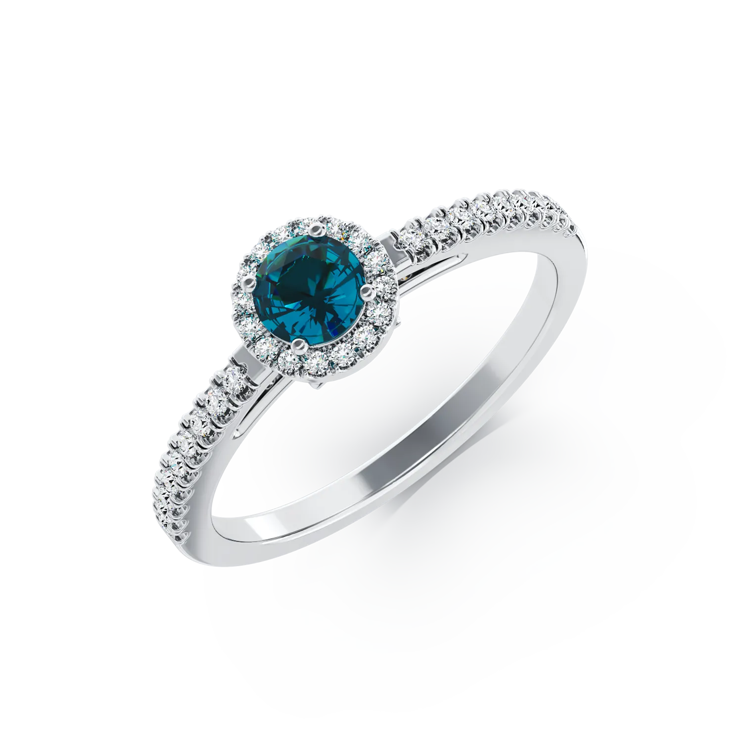 Inel de logodna din aur alb de 18K cu diamant albastru de 0.3ct si diamante transparente de 0.2ct