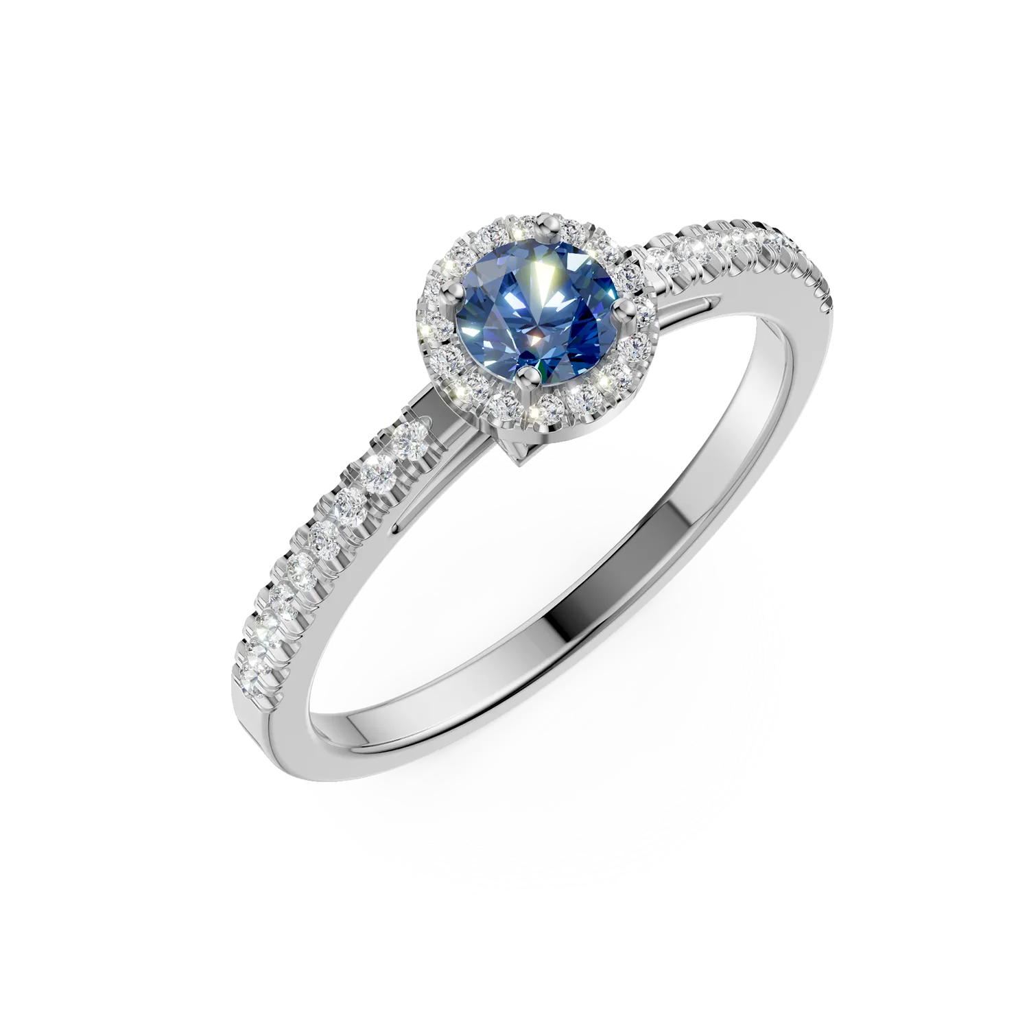 Pierścionek zaręczynowy z 18K białego złota z 0.3ct niebieskim diamentem i 0.2ct przezroczystymi diamentami