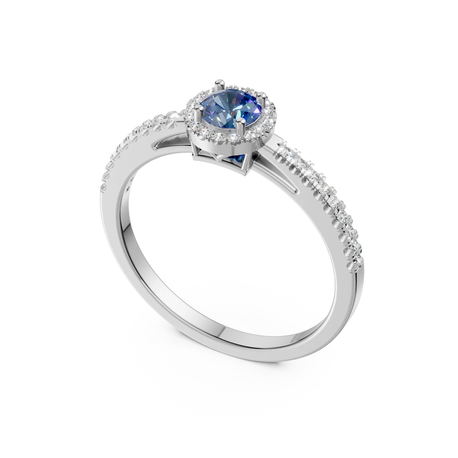 18K white gold engagement ring with 0.3ct blue diamond and 0.2ct transparent diamonds
