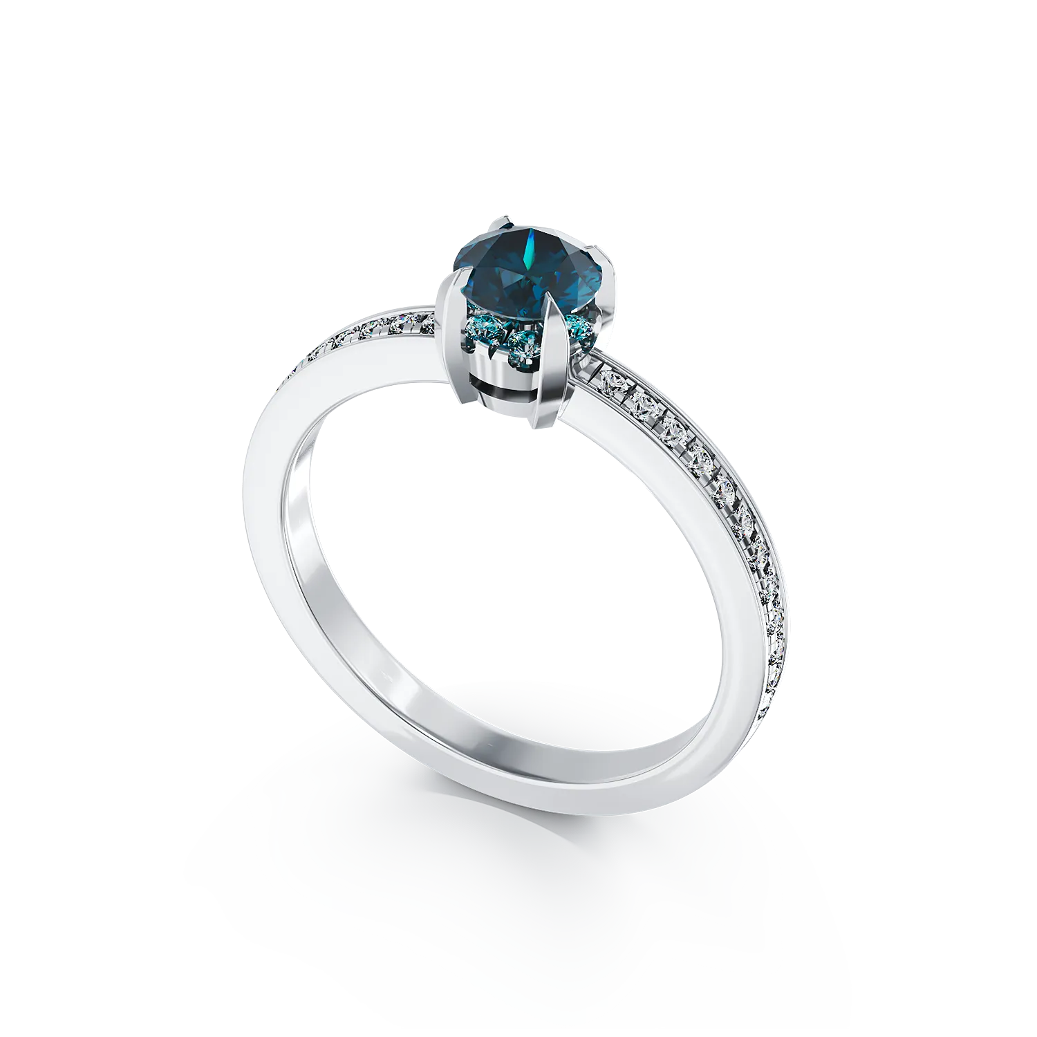 Inel de logodna din aur alb de 18K cu diamant albastru de 0.51ct si diamante de 0.2ct