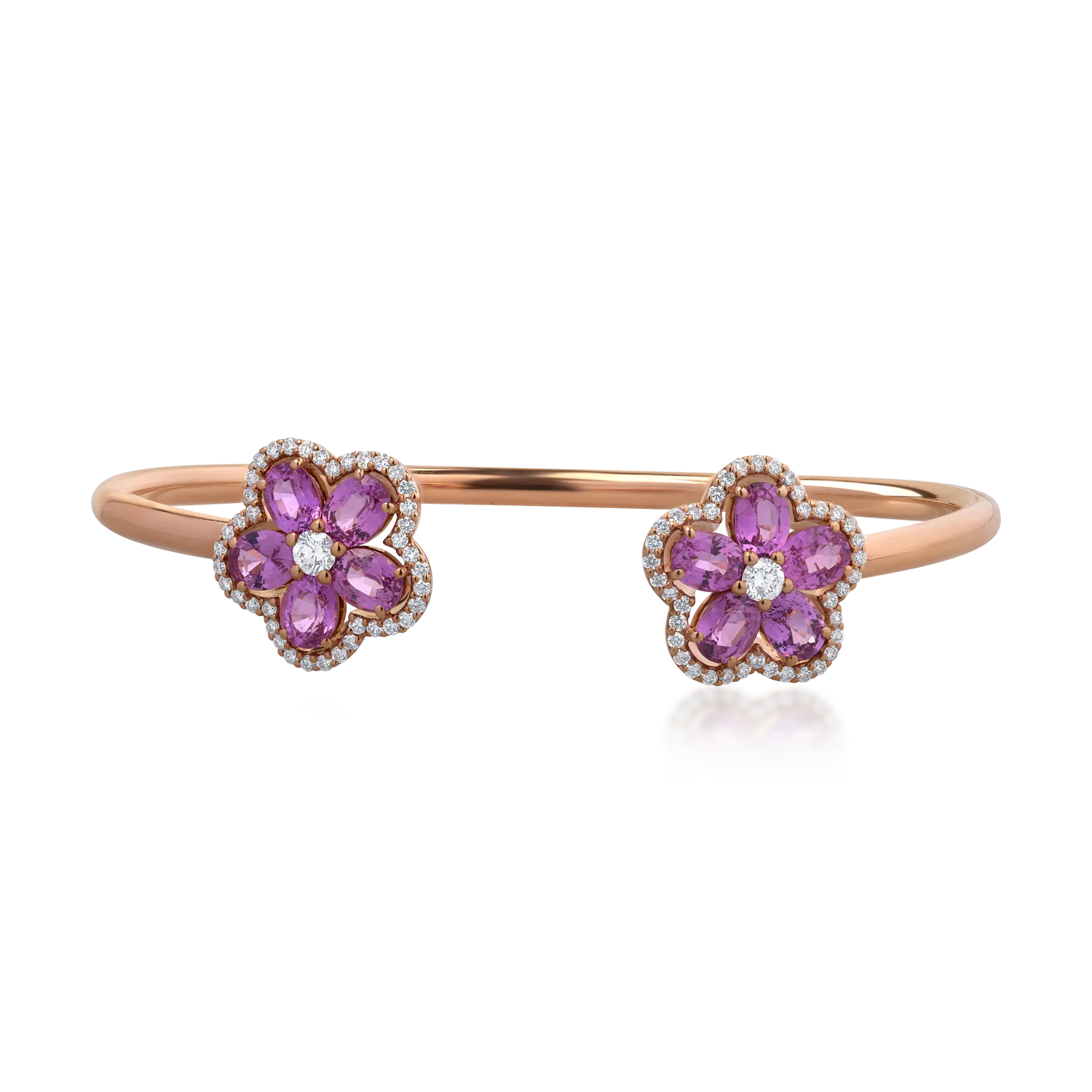 Bratara florala fixa deschisa din aur roz cu safire roz ovale de 4.88ct si diamante de 0.74ct