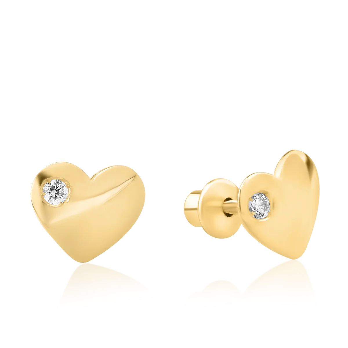 Обеци за деца: сърчице от жълто злато 14К с диаманти 0.04гкт.