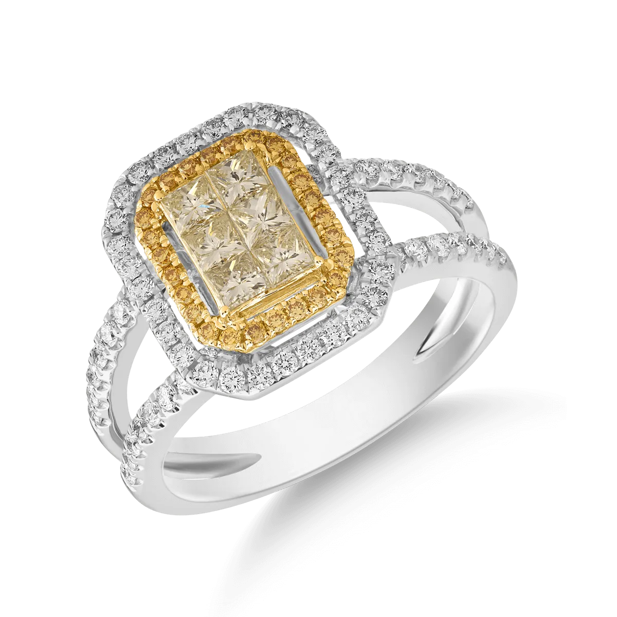 Inel din aur alb-galben cu diamante galbene princess si rotunde si diamante incolore de 1ct
