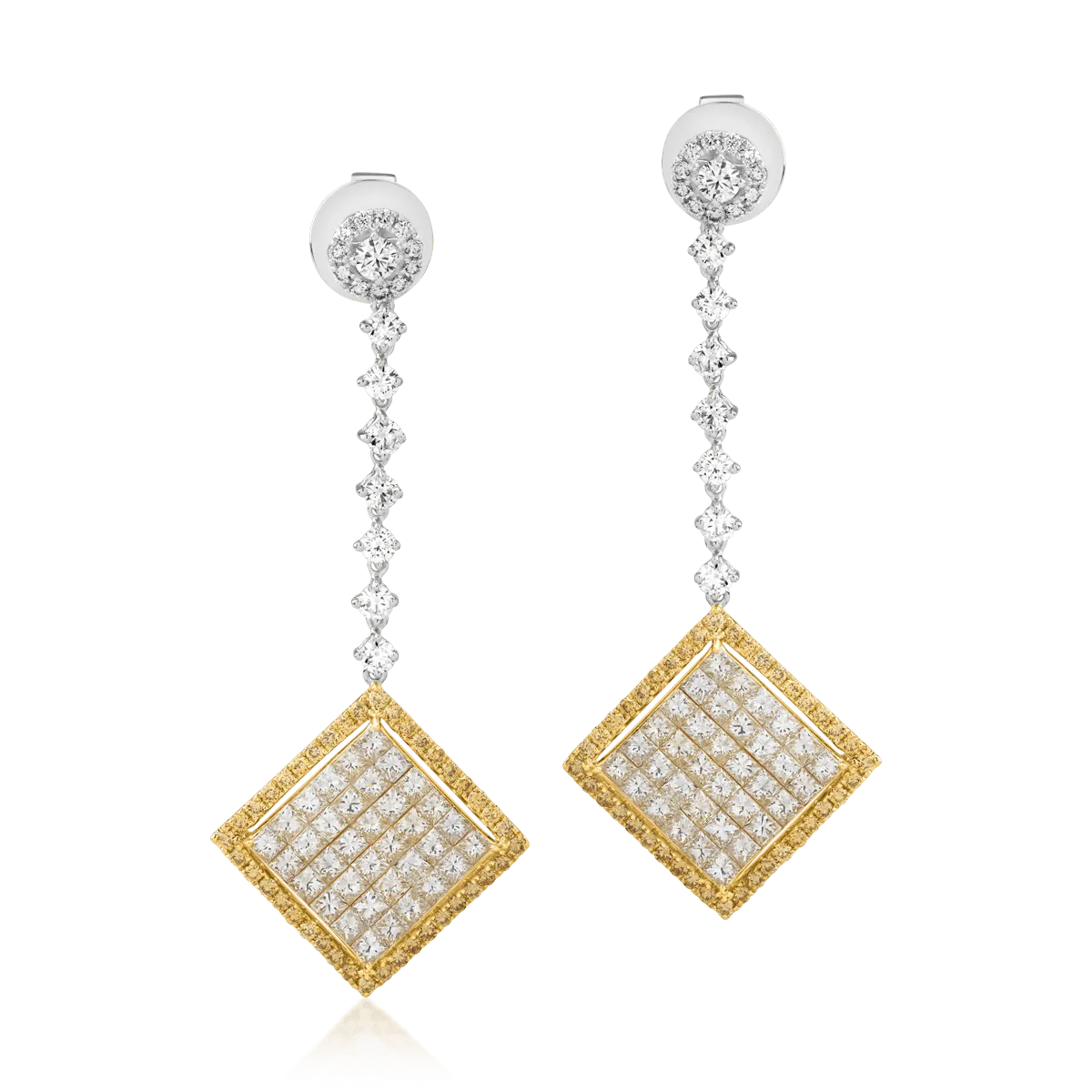 18K white-yellow gold earrings with 3.43ct colored diamonds and 0.95ct clear diamonds