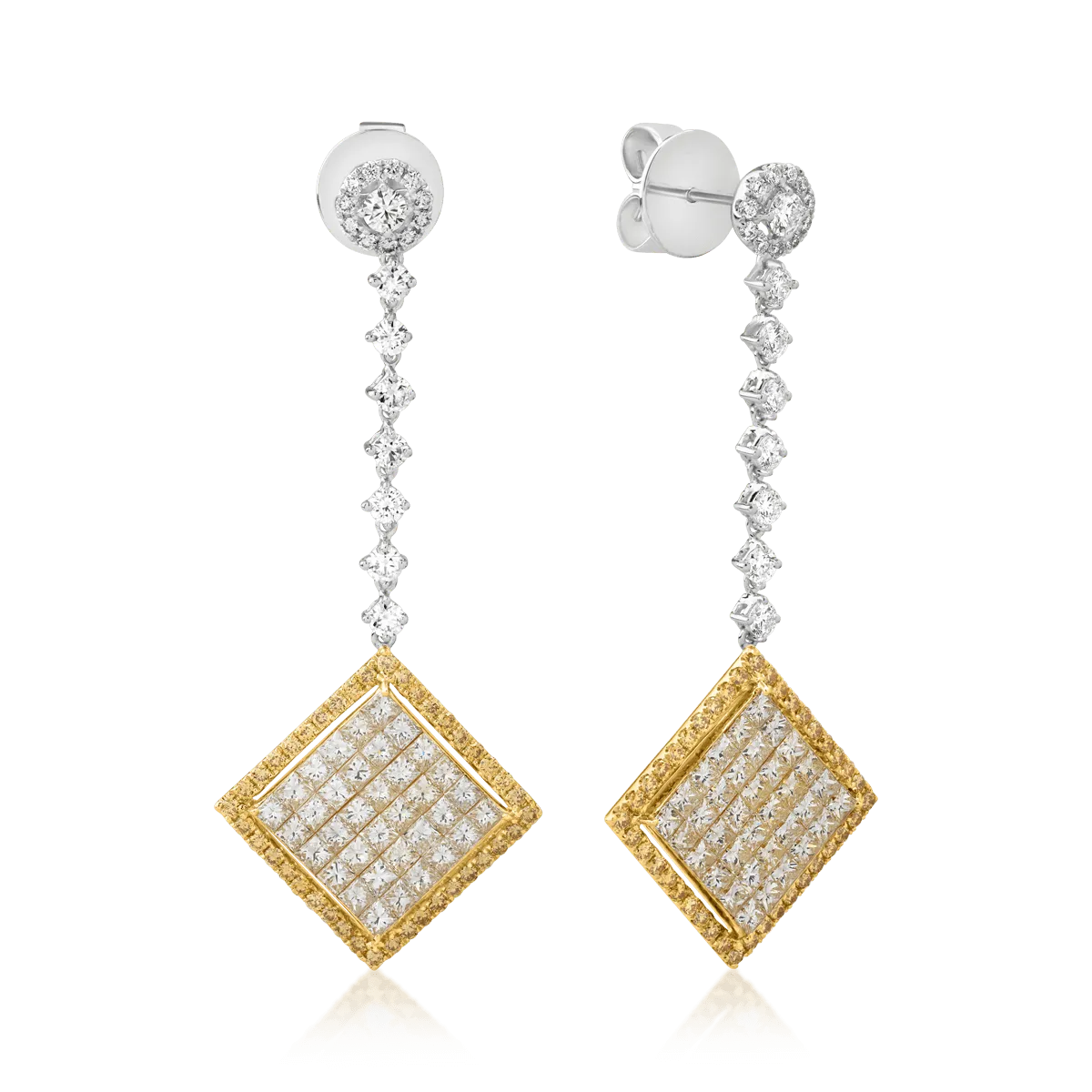 18K white-yellow gold earrings with 3.43ct colored diamonds and 0.95ct clear diamonds