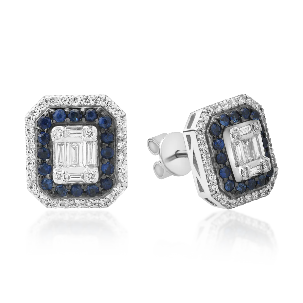 Cercei din aur alb cu diamante baguette si rotunde de 0.257ct si safire de 0.444ct