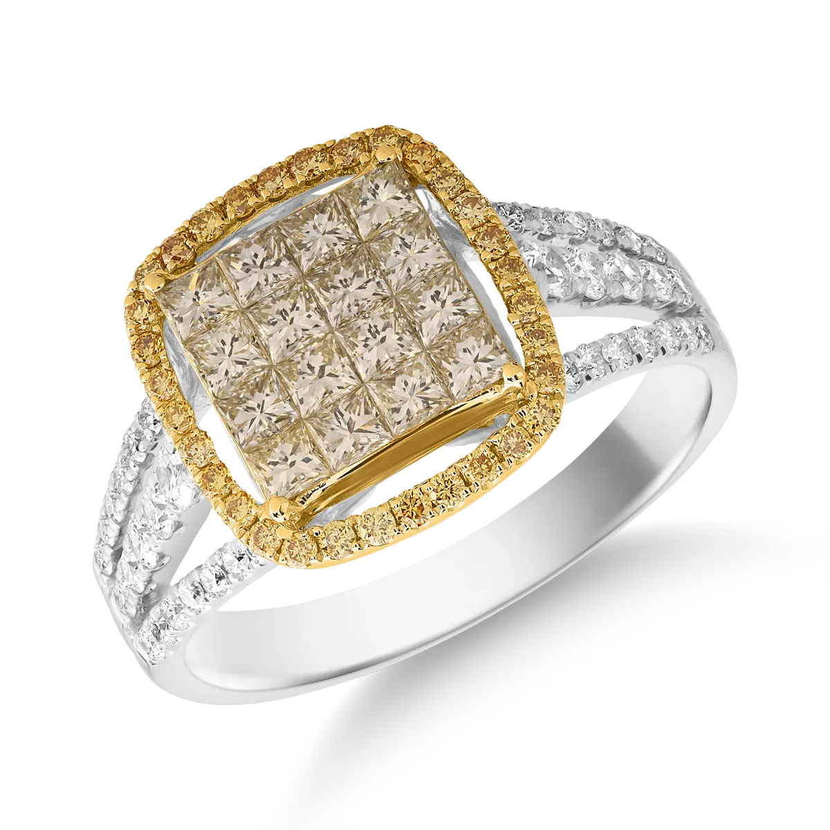 18K sárga-fehér arany gyűrű 0.82ct sárga gyémántokkal és 0.37ct gyémántokkal