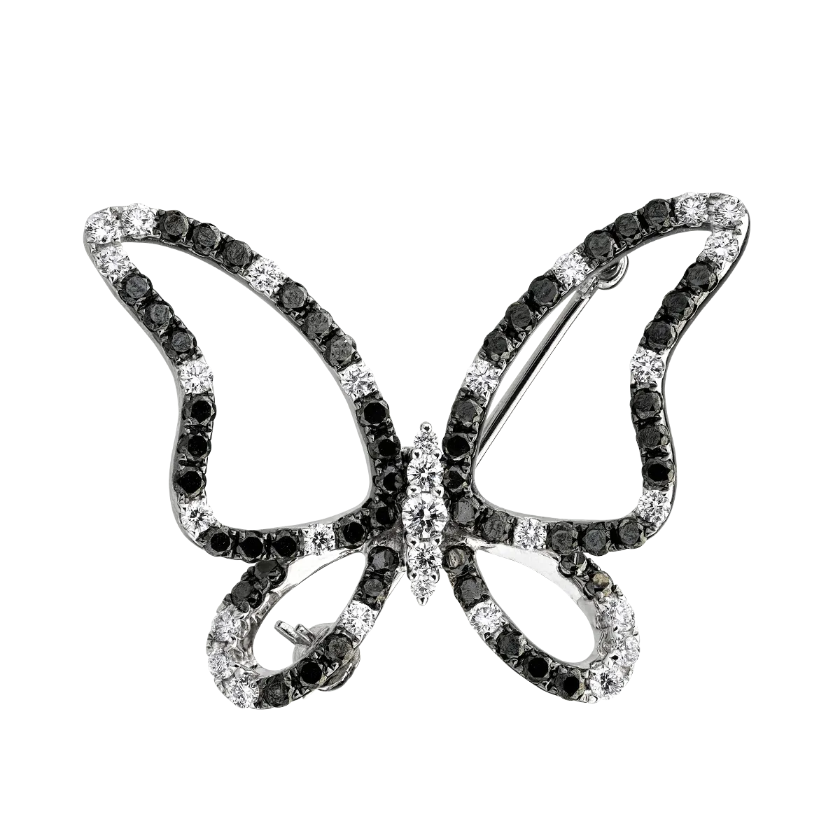 18K white gold brooch with 1.18ct black diamonds and 0.58ct clear diamonds