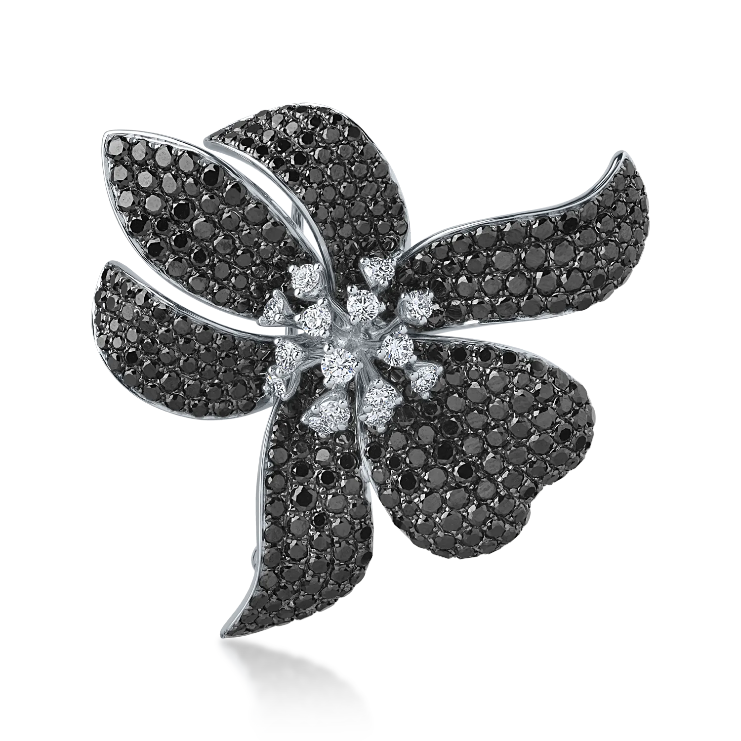 18K white gold brooch with 8.27ct black diamonds and 0.89ct clear diamonds