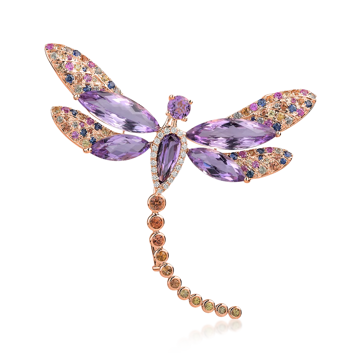 18K rose gold dragonfly brooch with amethysts of 11.38ct