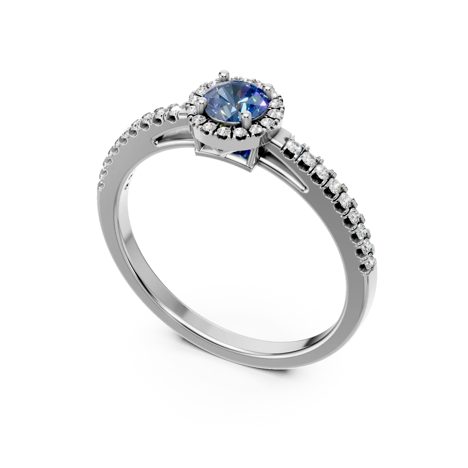 Inel de logodna din aur alb de 18K cu diamant albastru de 0.31ct si diamante transparente de 0.2ct