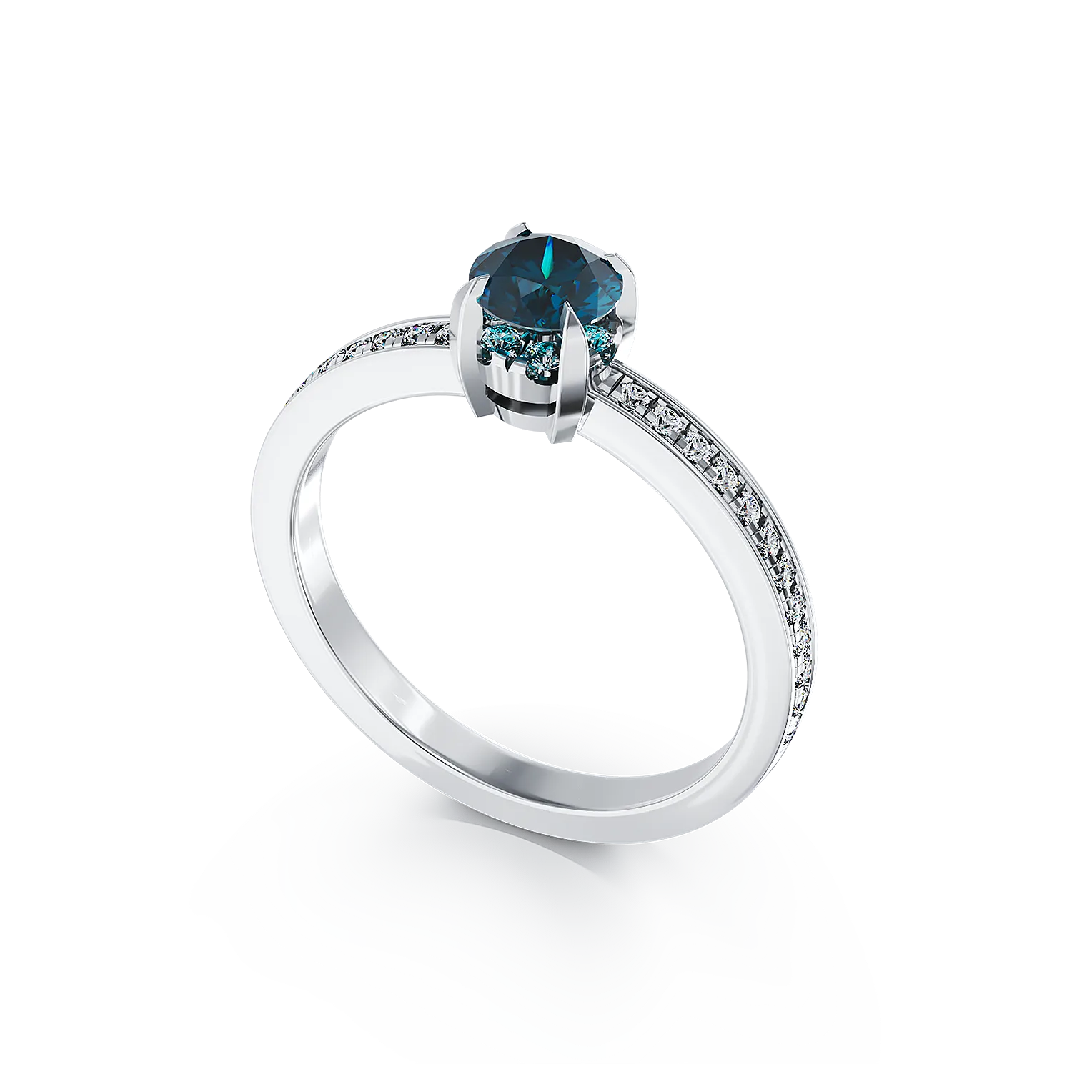 Годежен пръстен от 18 карата бяло злато с 0.39 карата син диамант и 0.2 карата диаманти