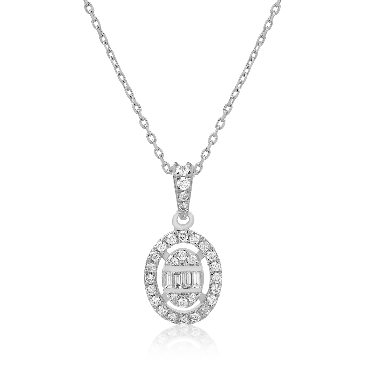 Lant cu pandantiv din aur alb cu diamante baguette si rotunde de 0.19ct