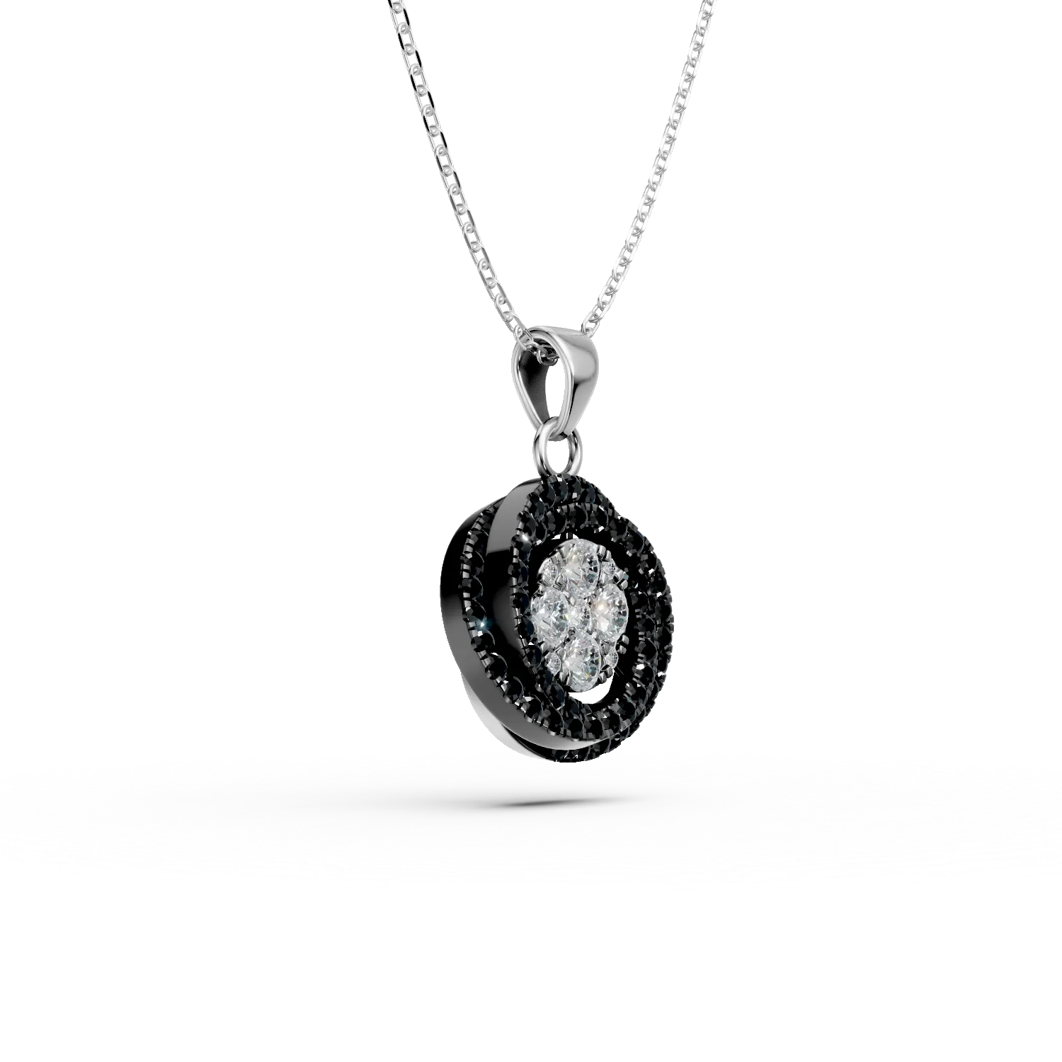 Lant cu pandantiv geometric din aur alb cu diamante incolore si negre de 0.3ct