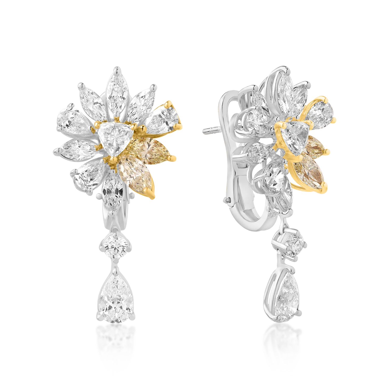 18K white-yellow gold earrings with 2.94ct clear diamonds and 1.22ct yellow diamonds