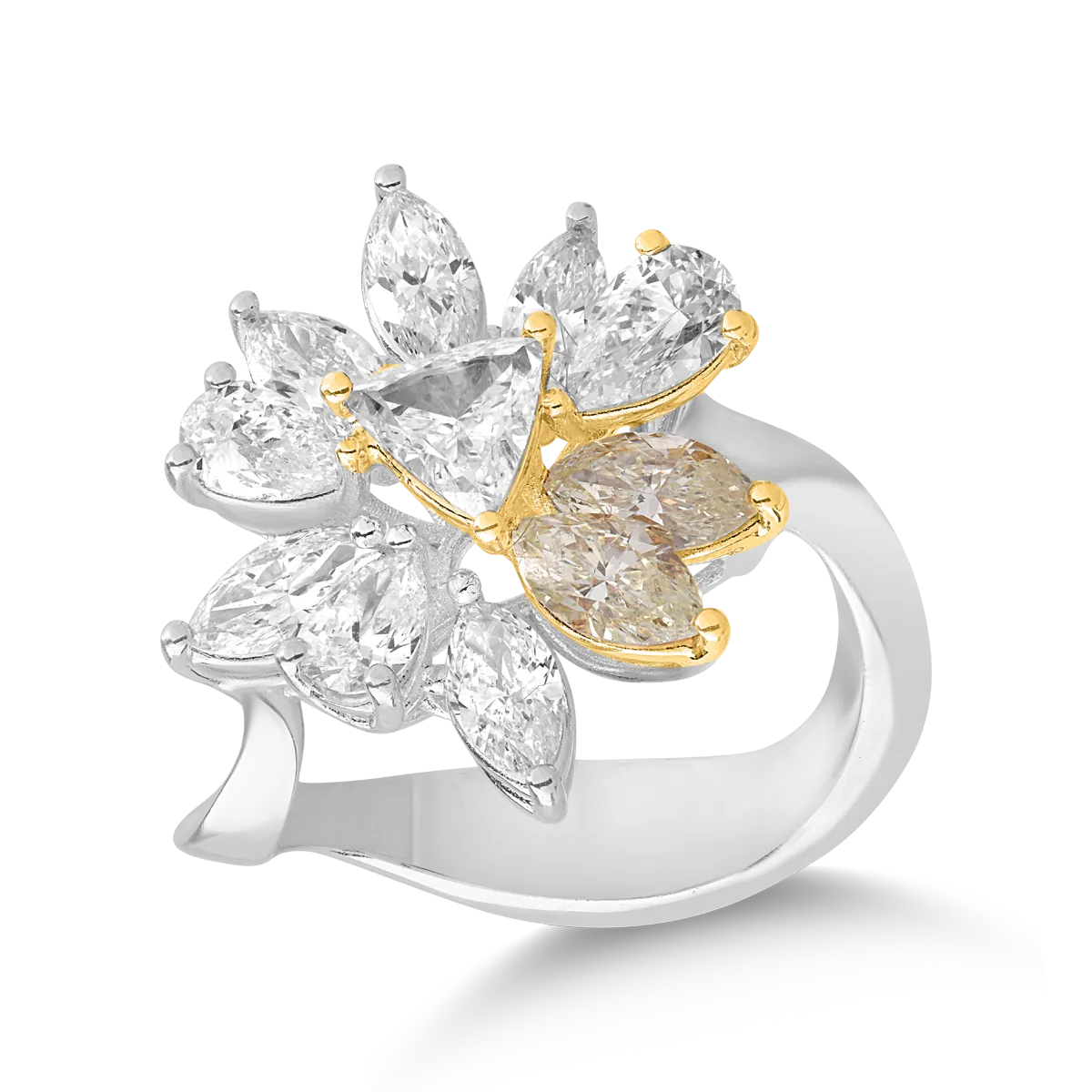 18 karátos fehér-sárga arany gyűrű 1.05 karátos gyémántokkal és 0.58 karátos sárga gyémántokkal