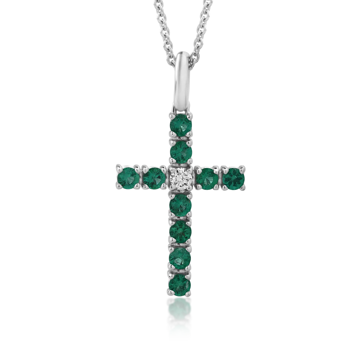 18K white gold cross pendant necklace with diamond of 0.05ct and emeralds of 0.48ct
