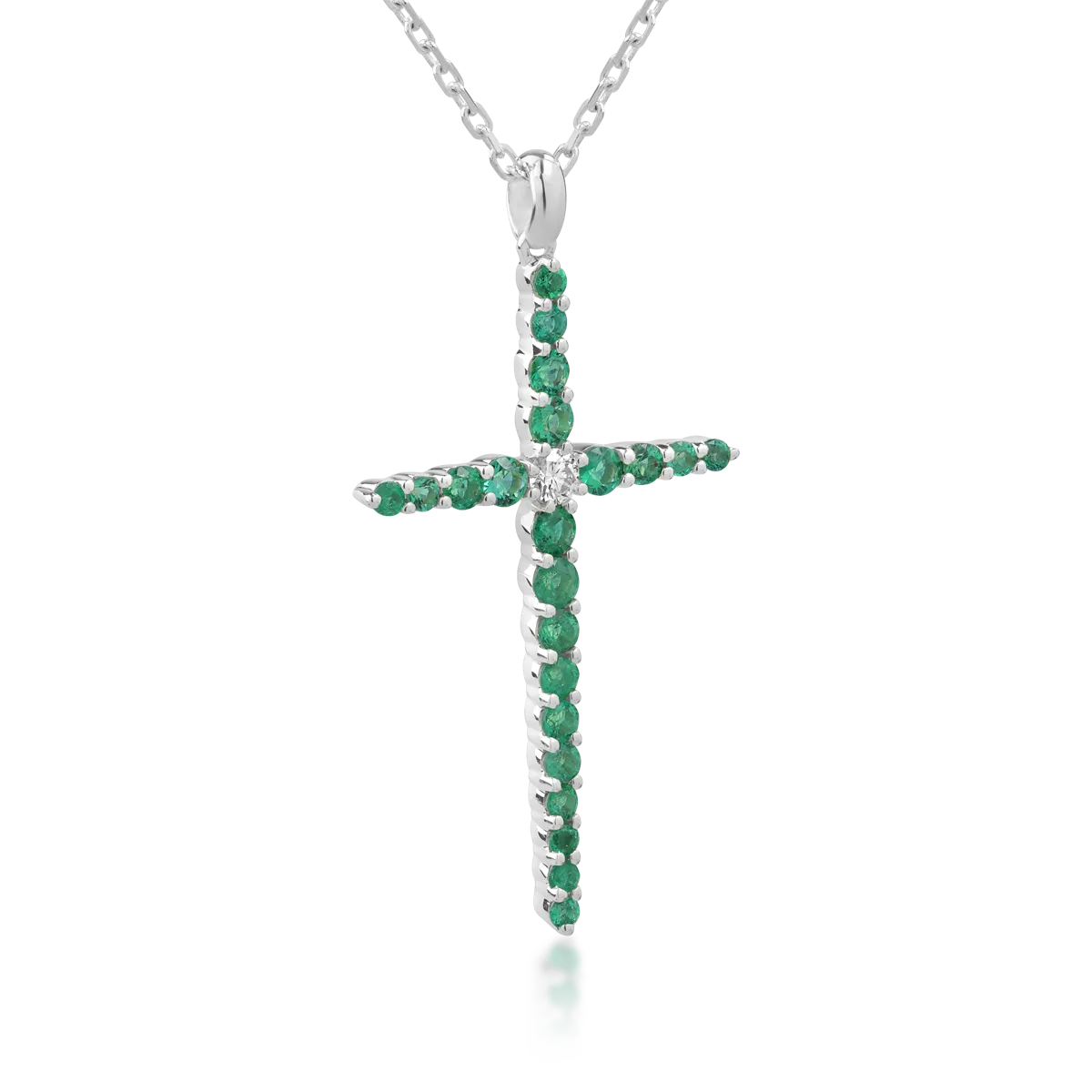 Lant cu pandantiv cruce din aur alb de 18K cu diamant de 0.09ct si smaralde de 0.85ct