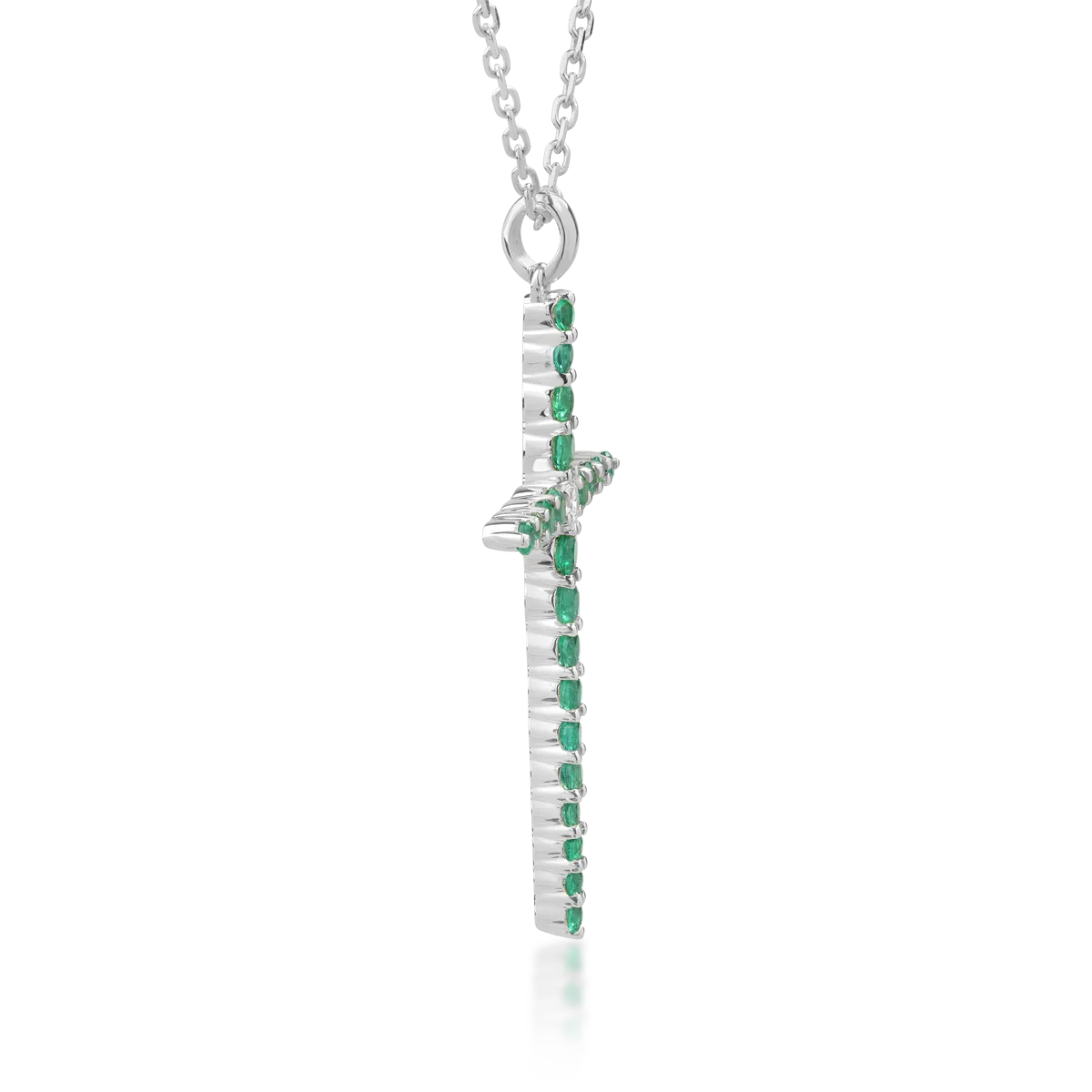 Lant cu pandantiv cruce din aur alb de 18K cu diamant de 0.09ct si smaralde de 0.85ct
