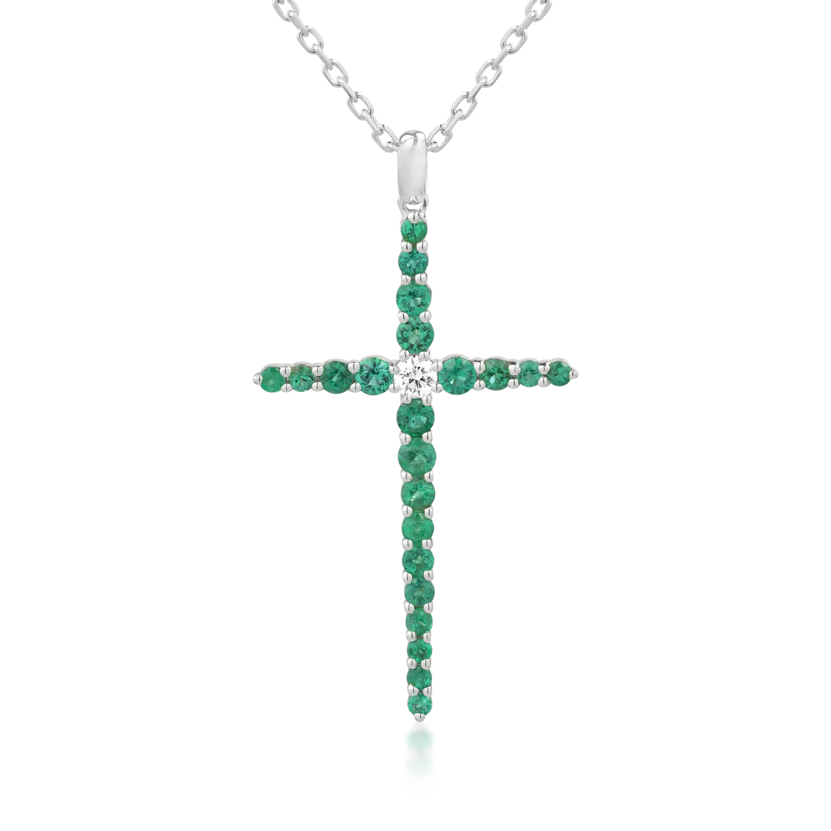 Lant cu pandantiv cruce din aur alb cu diamant de 0.09ct si smaralde de 0.85ct