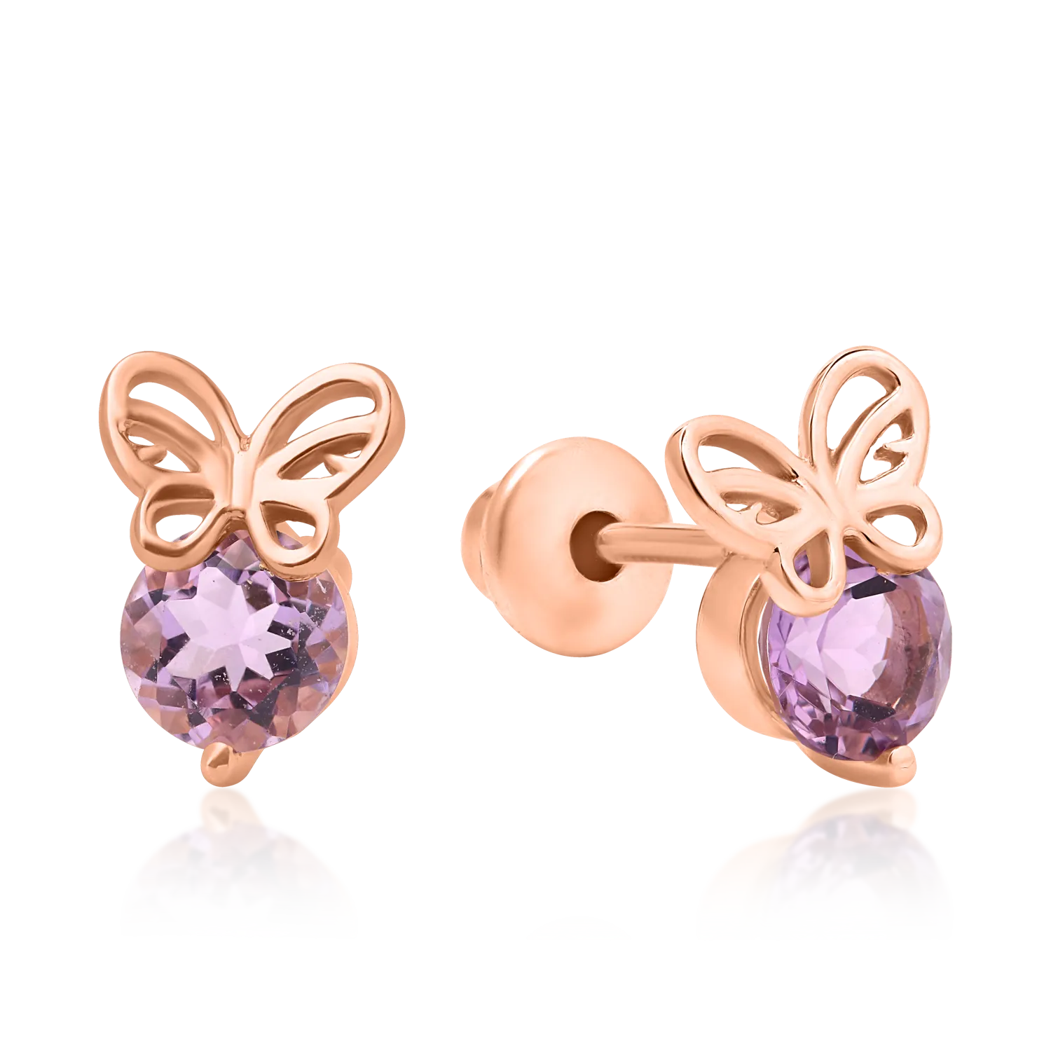 14K rose gold children's butterfly earrings with 0.53ct pink amethysts