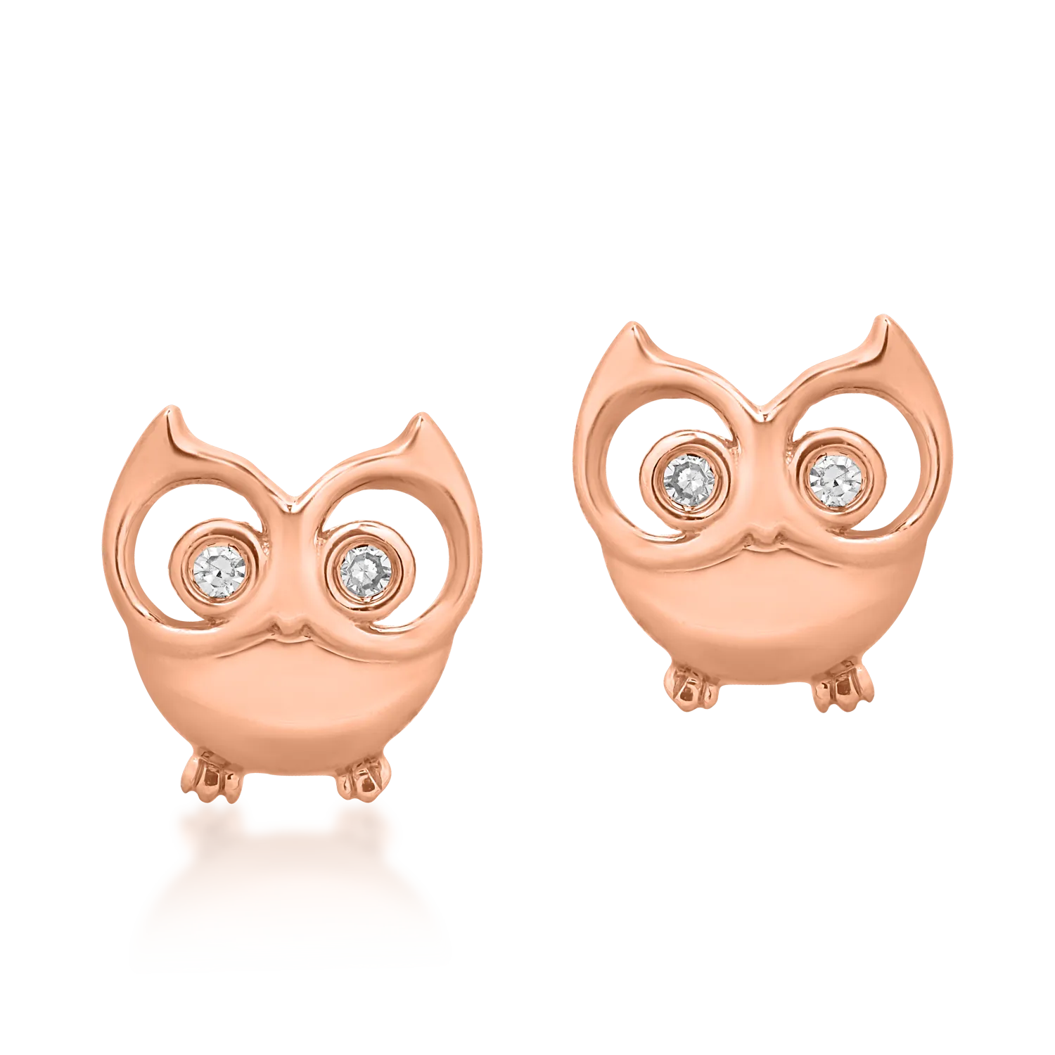 Cercei bufnite pentru copii din aur roz de 14K cu diamante de 0.015ct