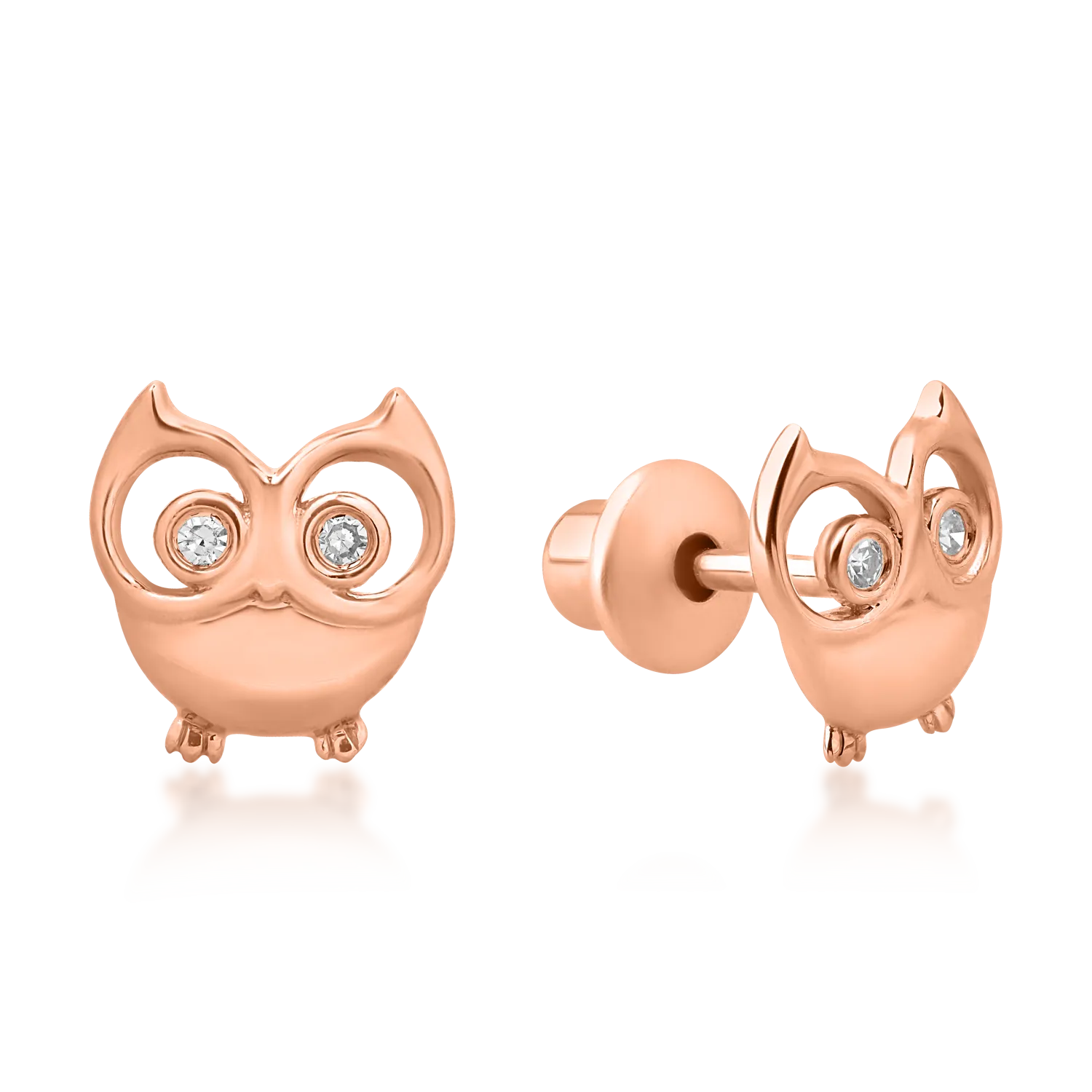 14K rose gold children's owl earrings with 0.02ct diamonds